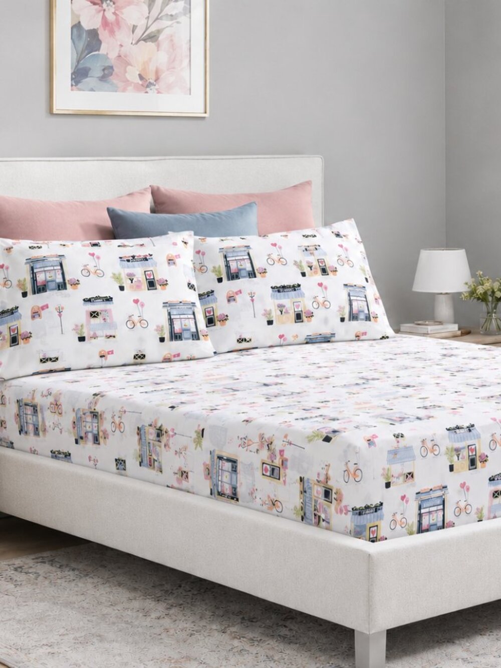 NWT - Envogue Queen Sheet Set with Storage Bag - Valentine's Day Flower Shop